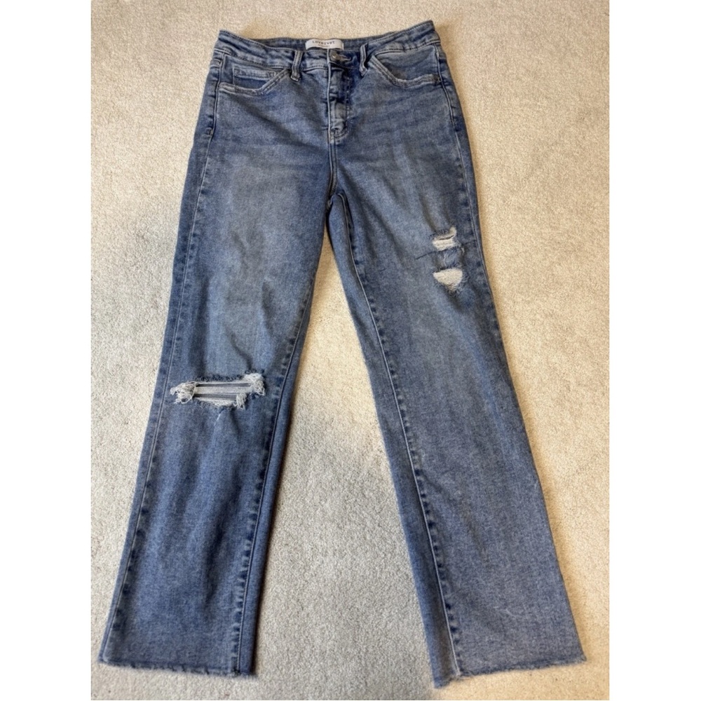 Lovervet Size 29/9 Straight Leg Jean Distressed Raw Hem Stretch Denim Light Wash